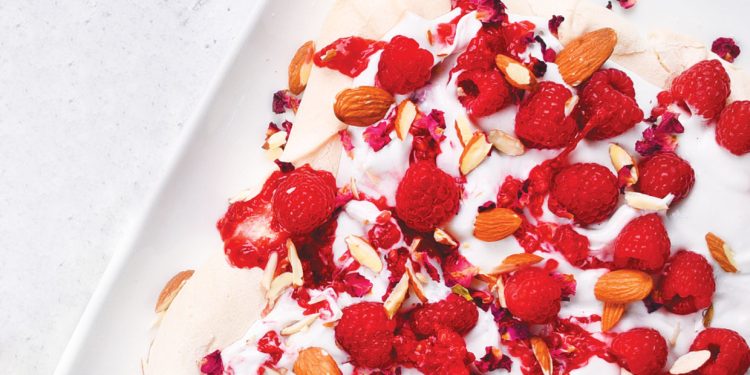Vegan Raspberry, Almond and Rose Pavlova Traybake